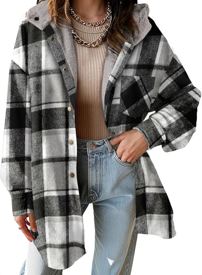 Women's Flannel Hooded Plaid Fuzzy Fleece Jacket