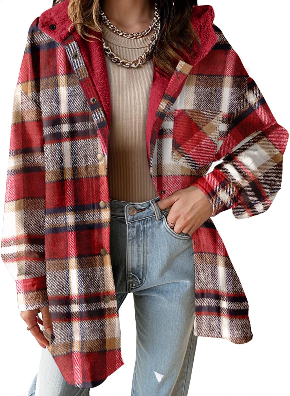 Women's Flannel Hooded Plaid Fuzzy Fleece Jacket Willluxe Store