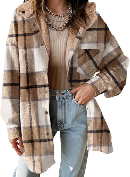 Women's Flannel Hooded Plaid Fuzzy Fleece Jacket