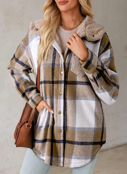 Women's Flannel Hooded Plaid Fuzzy Fleece Jacket