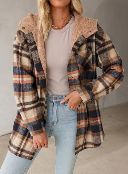 Women's Flannel Hooded Plaid Fuzzy Fleece Jacket