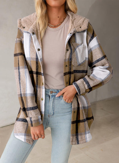 Women's Flannel Hooded Plaid Fuzzy Fleece Jacket