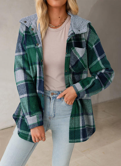 Women's Flannel Hooded Plaid Fuzzy Fleece Jacket