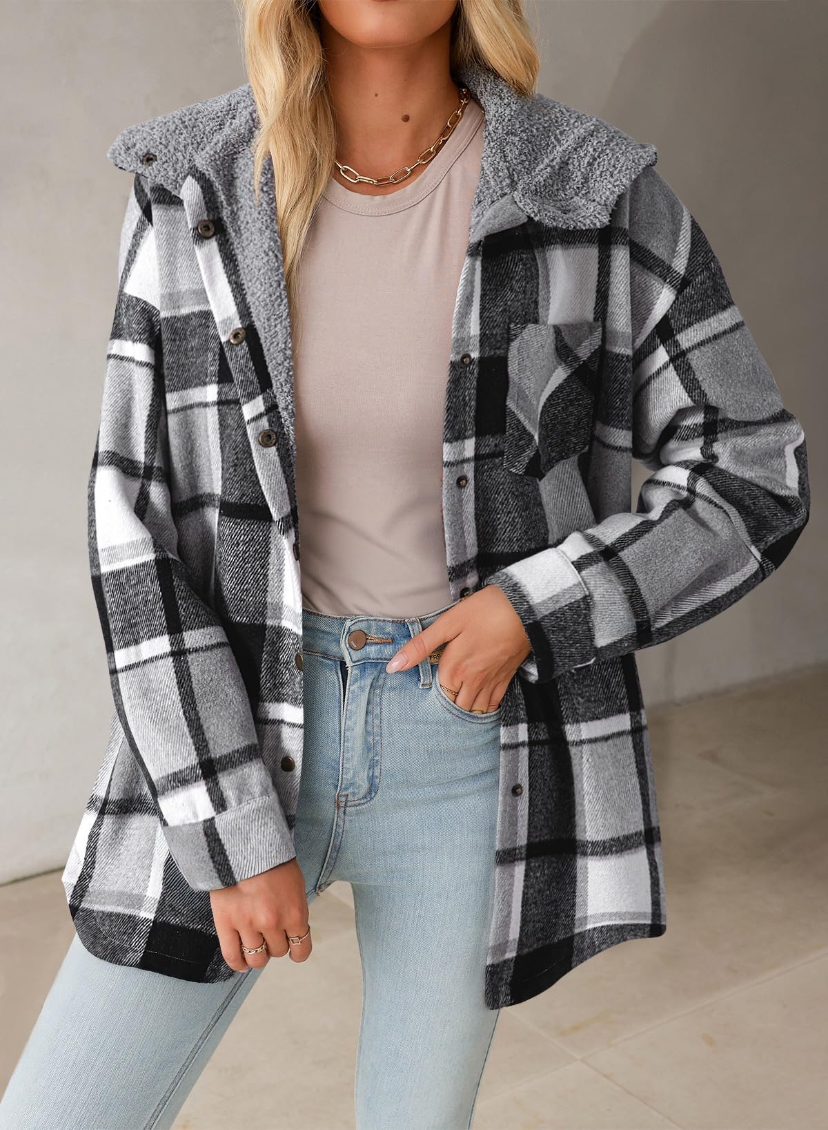 Women's Flannel Hooded Plaid Fuzzy Fleece Jacket Willluxe Store