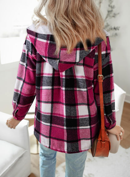 Women's Flannel Hooded Plaid Fuzzy Fleece Jacket