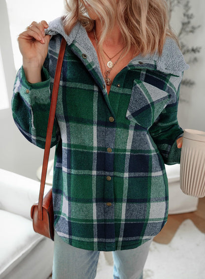 Women's Flannel Hooded Plaid Fuzzy Fleece Jacket
