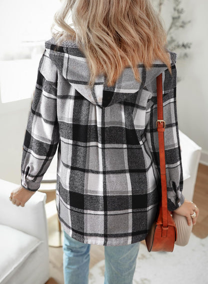 Women's Flannel Hooded Plaid Fuzzy Fleece Jacket