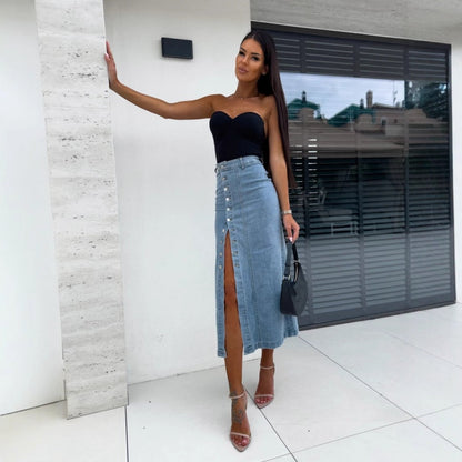 Everyday Curve Denim Button Skirt