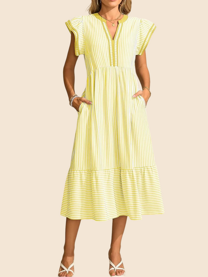 Women's Striped V-Neck Flutter Sleeve Long Dress