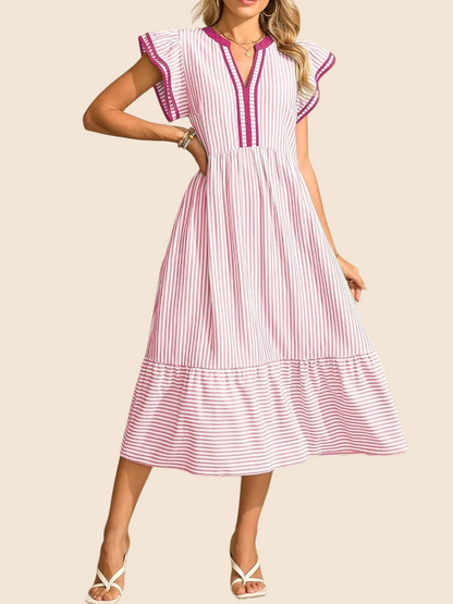 Women's Striped V-Neck Flutter Sleeve Long Dress