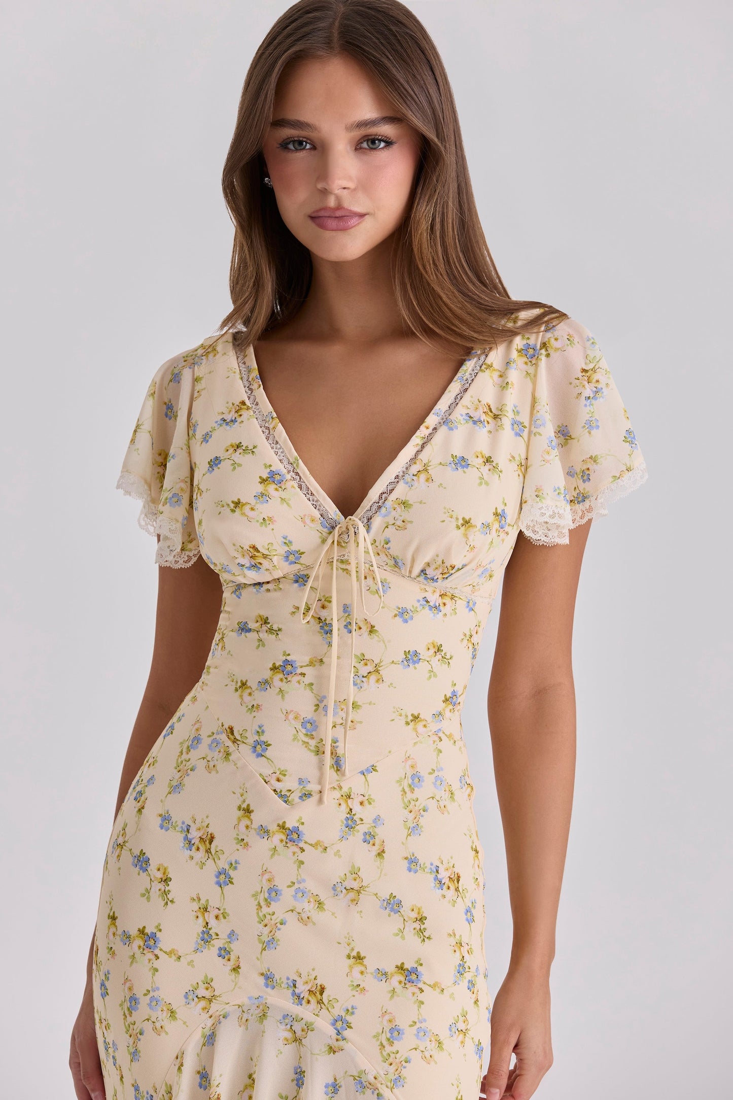 Women's Floral Print Georgette Maxi Tea Dress Lace Trim Ruffled Hem Lightweight Summer Garden Party Wedding Guest Dress