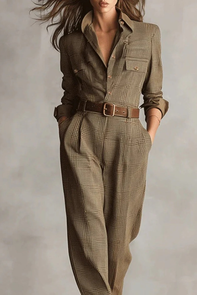 Brown Sophisticated Tweed Texture Plaid Utility Jumpsuit - Seldom Seen Styles