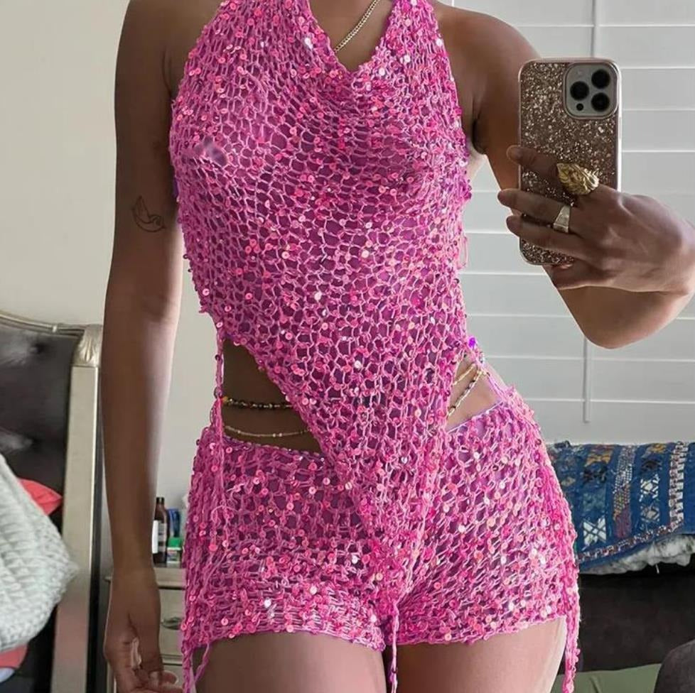 Cutout Knitted Sequined Top High Waist Hip Wrapped Skirt Set - Seldom Seen Styles