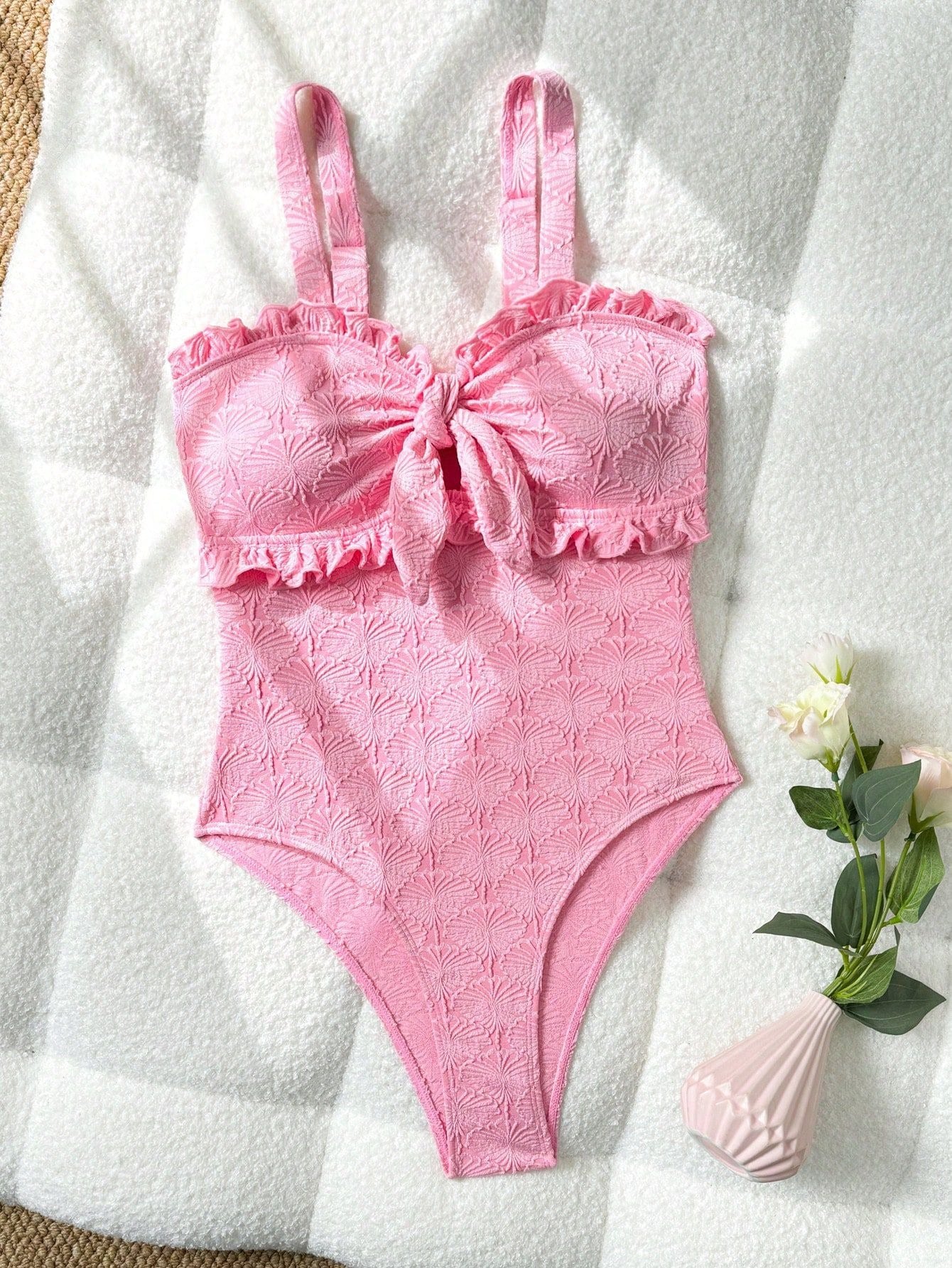 Crinkle Knot Front Ruffled Strapless One Piece Swimsuit - Baby Pink