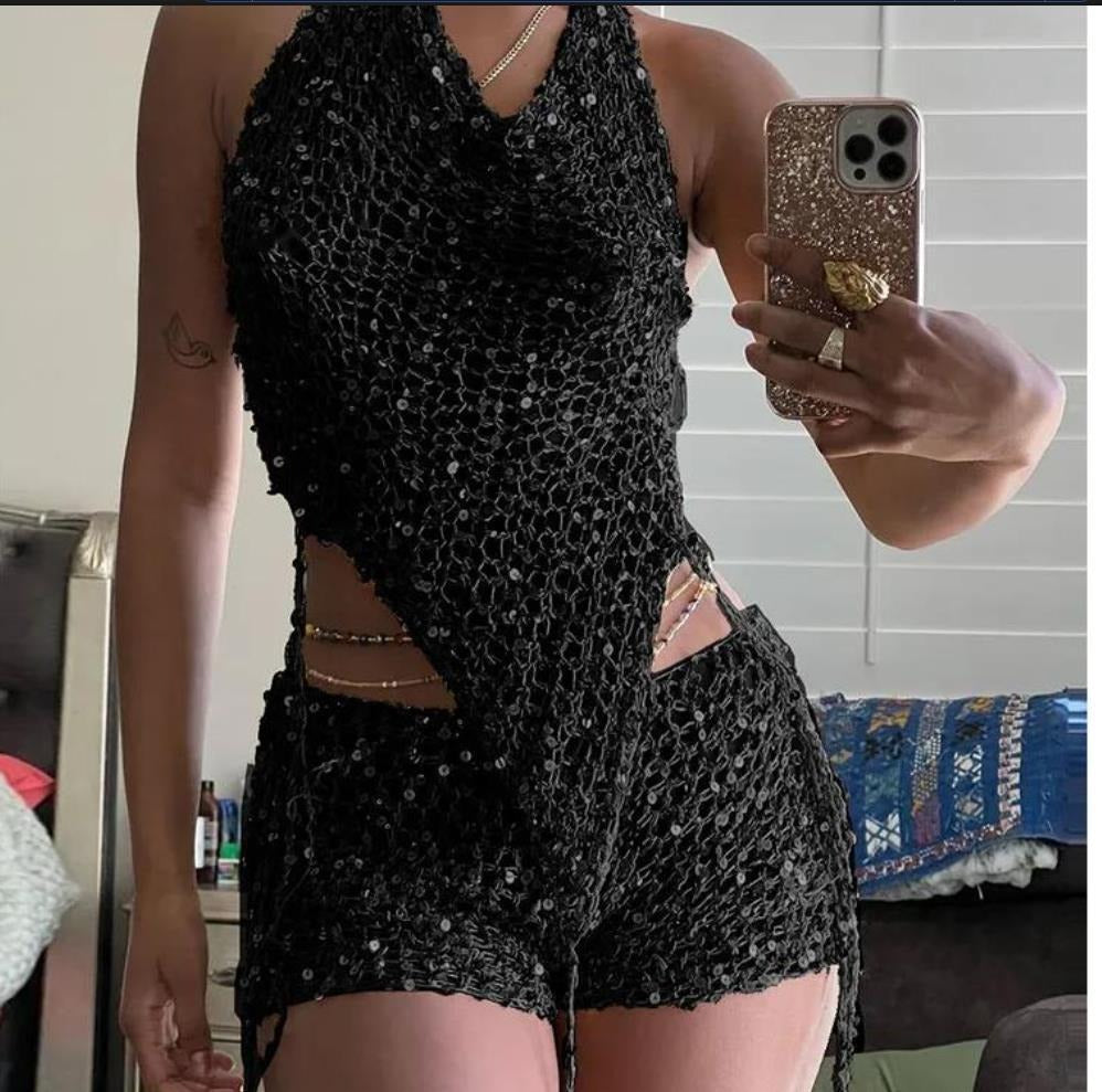 Cutout Knitted Sequined Top High Waist Hip Wrapped Skirt Set - Seldom Seen Styles