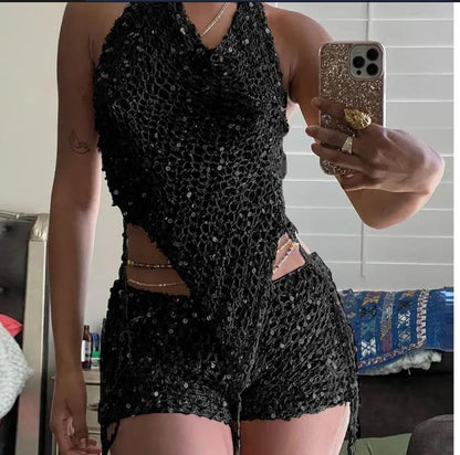 Ensemble top court tricoté à sequins avec jupe moulante taille haute