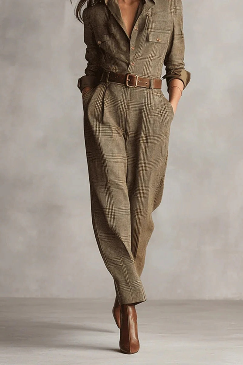 Brown Sophisticated Tweed Texture Plaid Utility Jumpsuit - Seldom Seen Styles