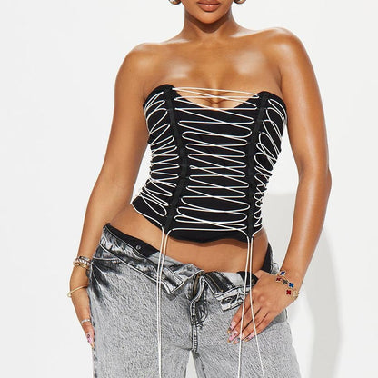 Women's Lace Up Corset Top Strapless Y2K Body Shaper Bustier Clubwear Top