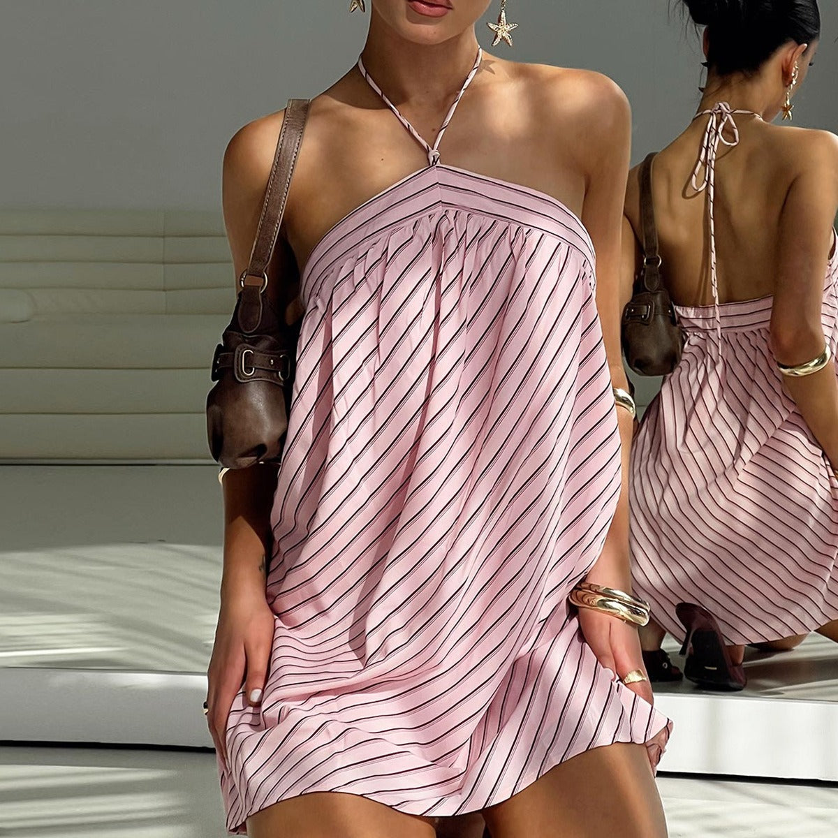 Women's Pink Halter Neck Striped Mini Dress Sleeveless Backless Tie-Up Summer Beach Party Going Out Casual Dress - Seldom Seen Styles