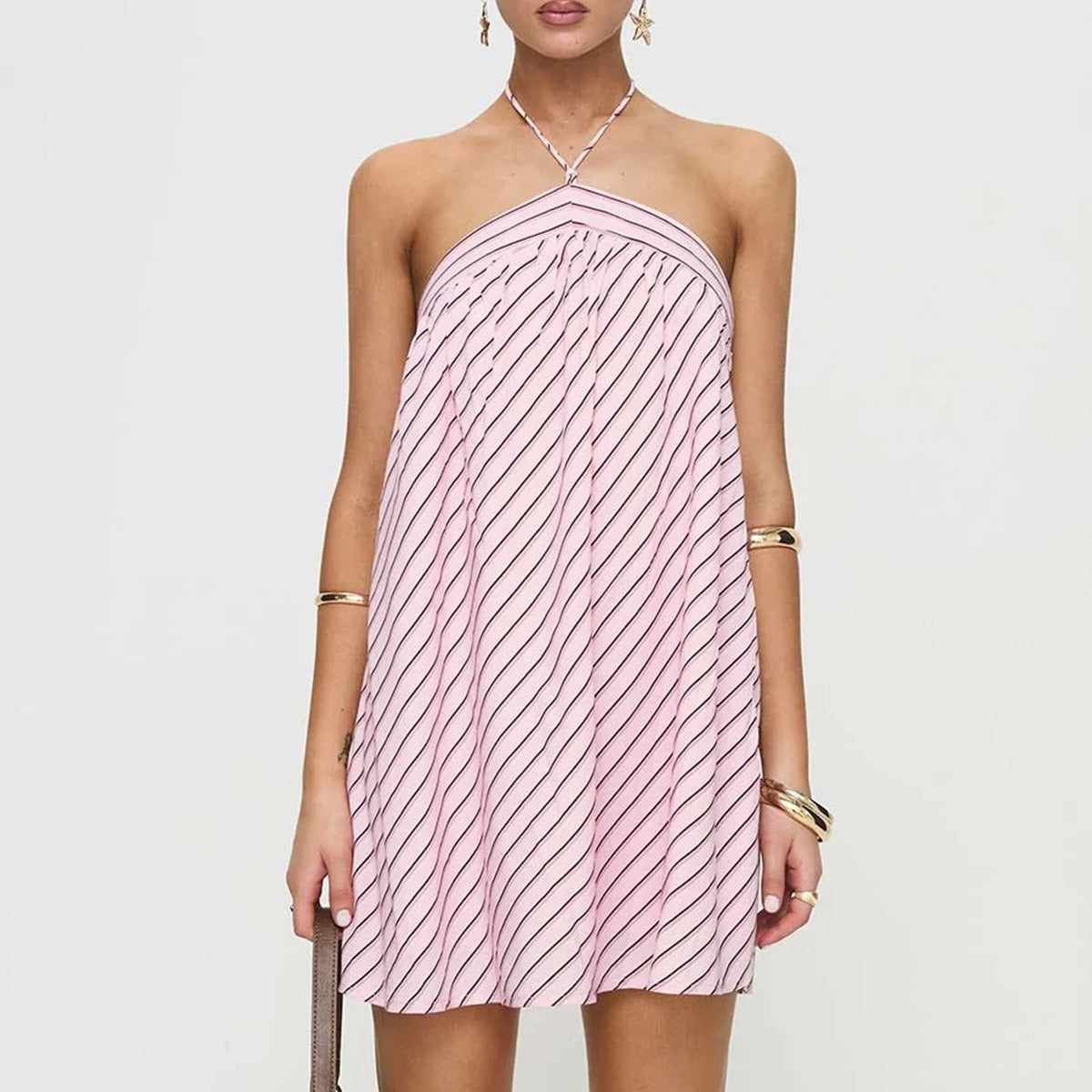 Women's Pink Halter Neck Striped Mini Dress Sleeveless Backless Tie-Up Summer Beach Party Going Out Casual Dress - Seldom Seen Styles