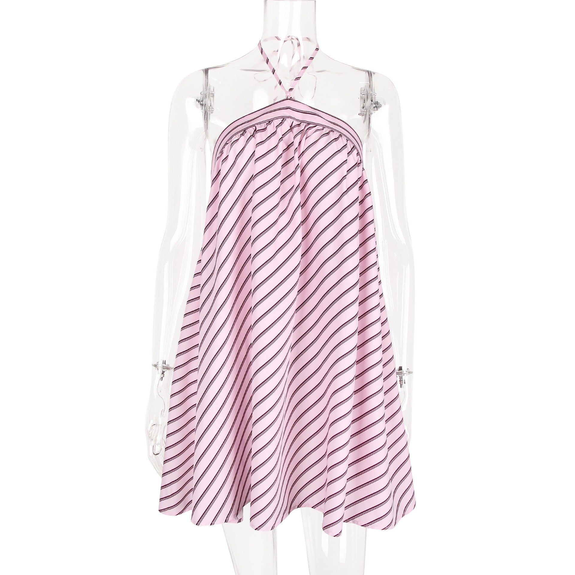 Women's Pink Halter Neck Striped Mini Dress Sleeveless Backless Tie-Up Summer Beach Party Going Out Casual Dress - Seldom Seen Styles