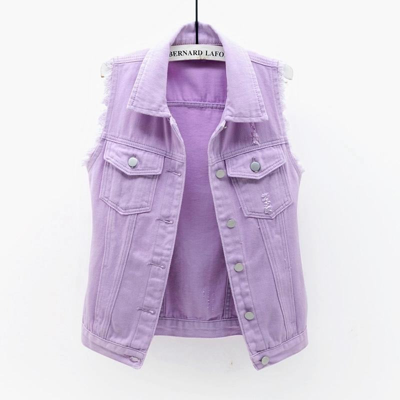 Women's Candy Color Slim Fit Sleeveless Distressed Denim Jean Vest Jacket - Seldom Seen Styles