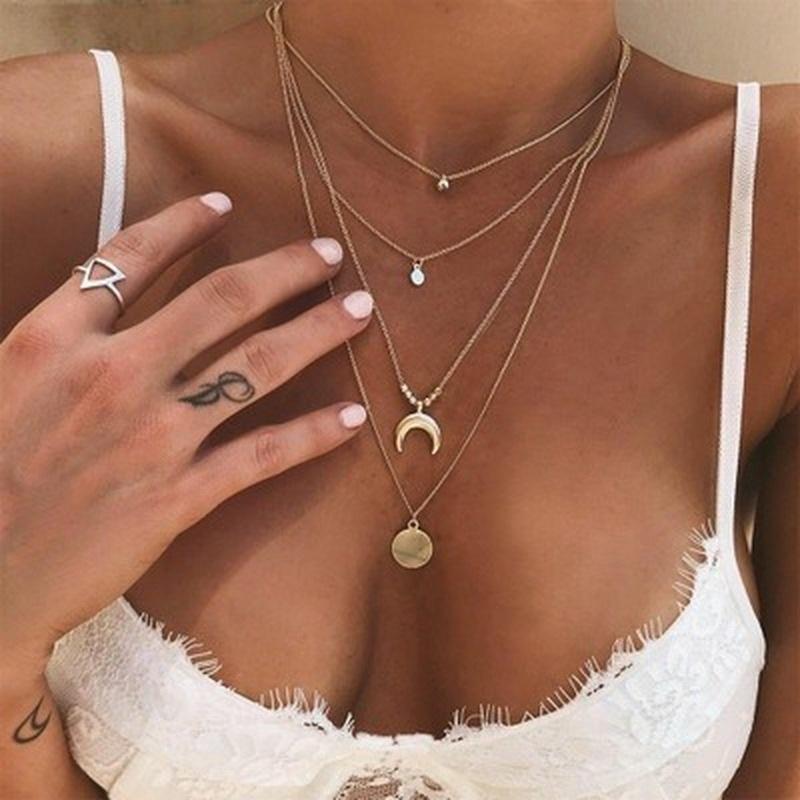 Women's Boho Style Moon Gold Silver Multi-Layered Pendant Necklace - Seldom Seen Styles