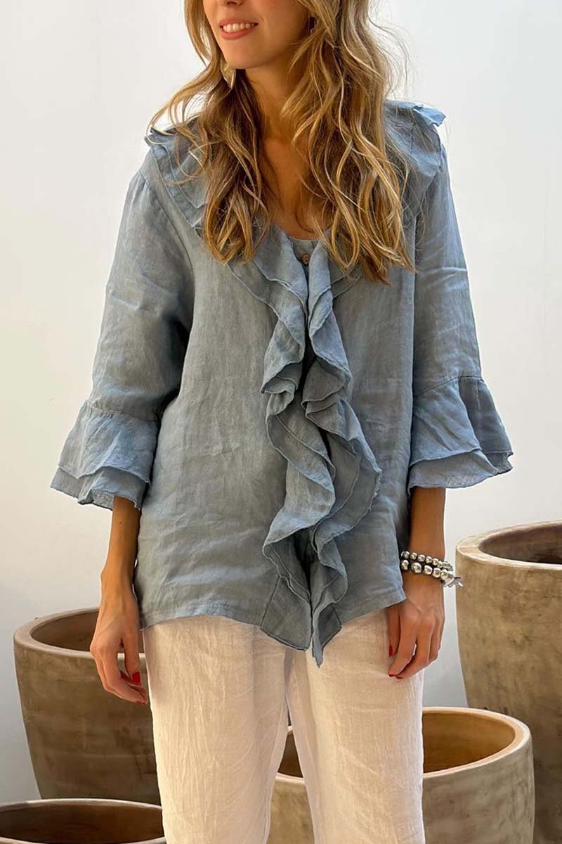 Women's casual ruffle collar cotton and linen tops - Seldom Seen Styles