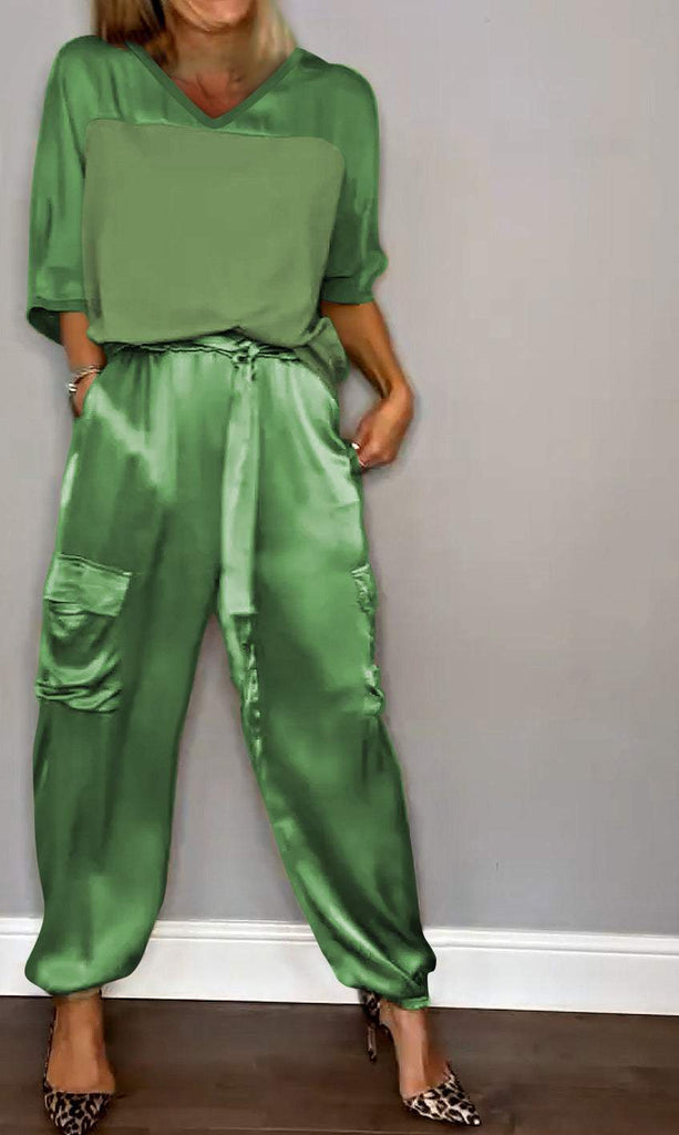 Women's Smooth Satin Half-sleeved Top and Pant Suit Two-piece - Seldom Seen Styles
