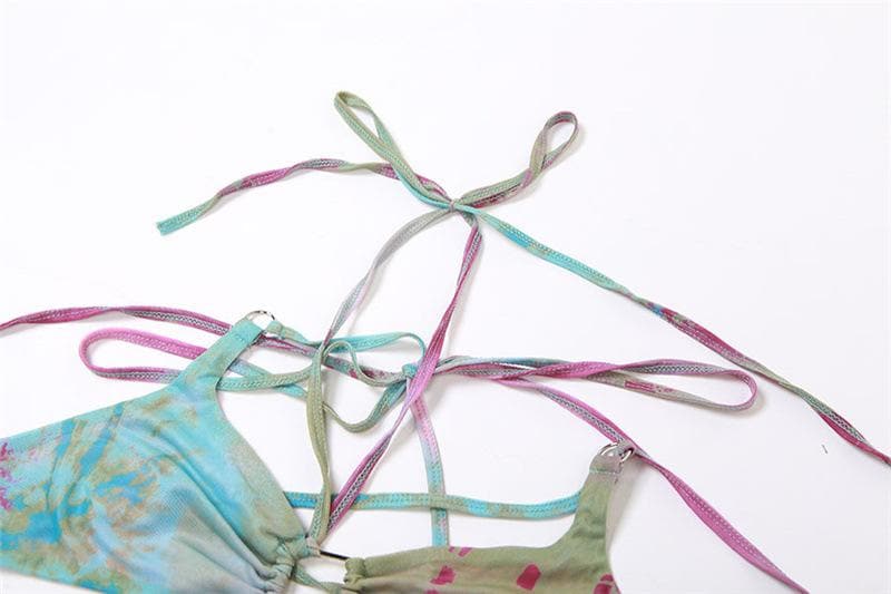 Flared sleeve tie dye o ring self tie halter low cut mini skirt set - Seldom Seen Styles