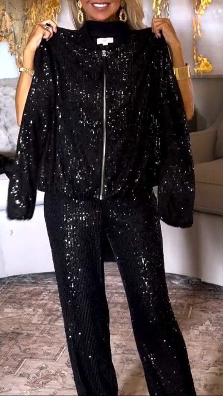 Women's Round Neck Zipper Sequin Top + Trousers Casual Suit - Seldom Seen Styles