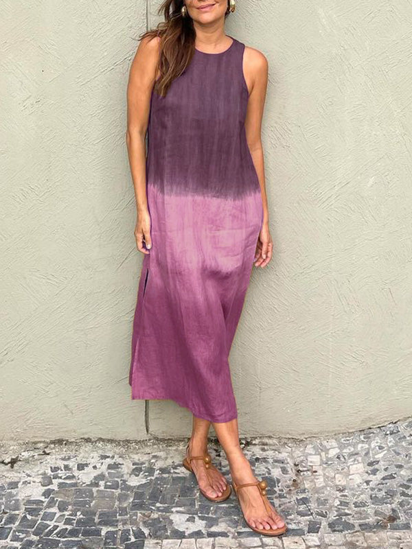 Casual cotton and linen slit gradient tie-dye long dress - Seldom Seen Styles
