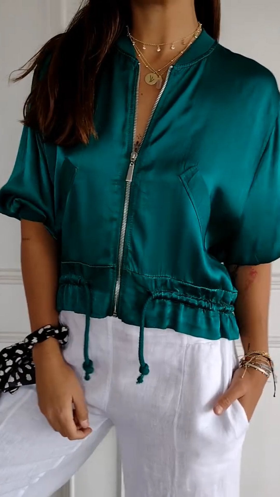 Crew Neck Zipped Satin Cropped Jacket - Seldom Seen Styles