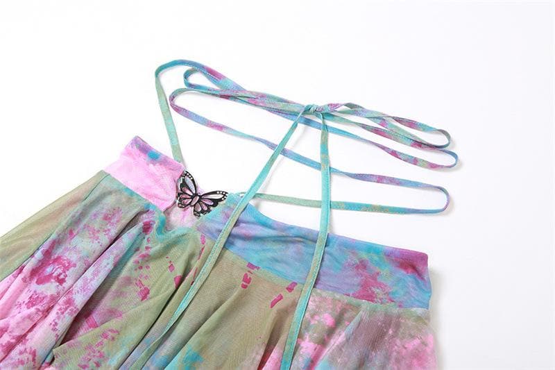 Flared sleeve tie dye o ring self tie halter low cut mini skirt set - Seldom Seen Styles