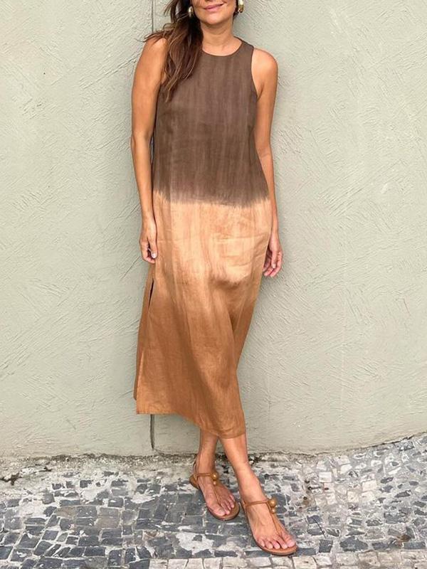 Casual cotton and linen slit gradient tie-dye long dress - Seldom Seen Styles