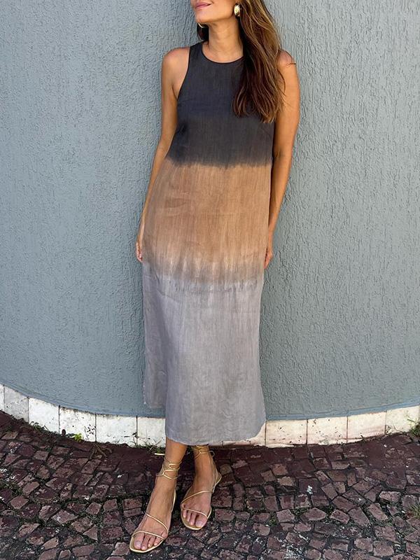 Casual cotton and linen slit gradient tie-dye long dress - Seldom Seen Styles