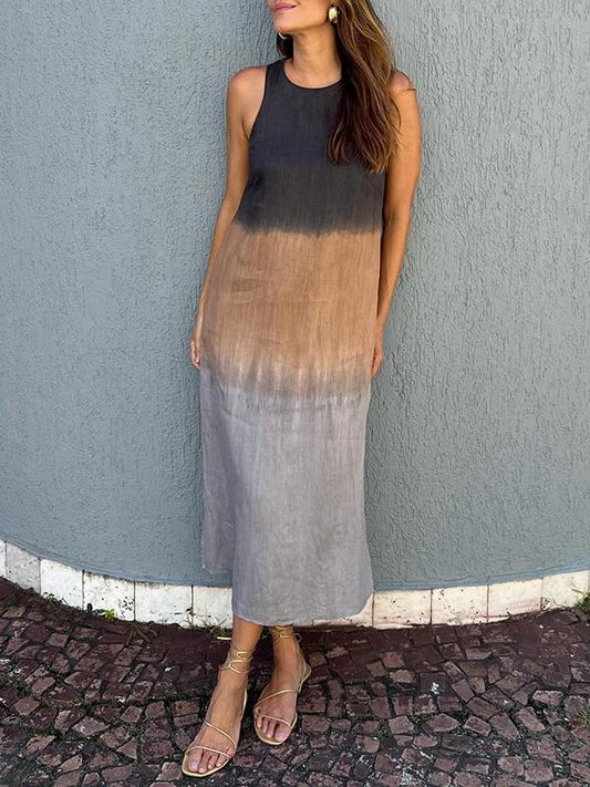 Casual cotton and linen slit gradient tie-dye long dress - Seldom Seen Styles