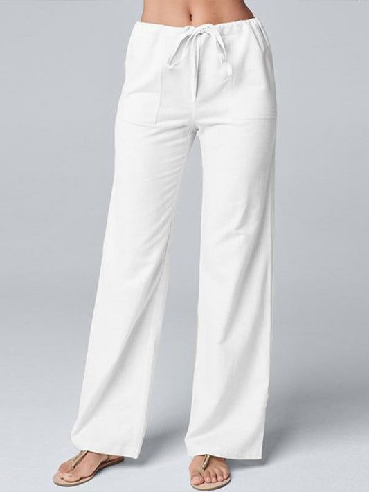 Solid color loose lace-up cotton hemp straight leg casual pants - Seldom Seen Styles