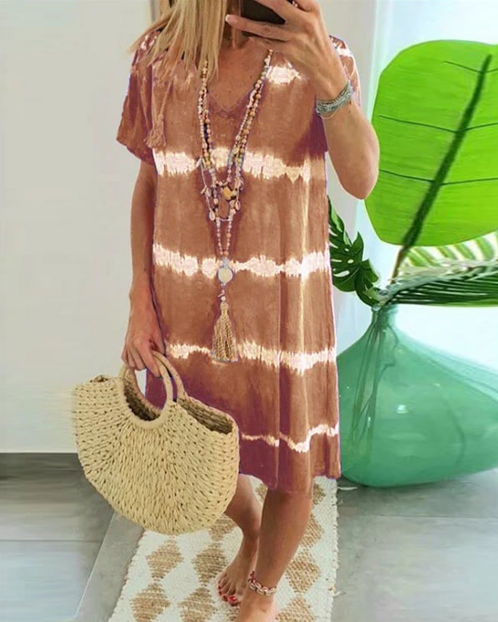 ?Tie-dye Striped Short-sleeved Loose T-shirt Dress - Seldom Seen Styles