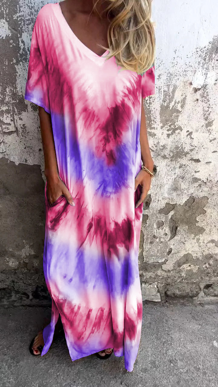 Tie-dye V-neck Long Comfortable Dress - Seldom Seen Styles