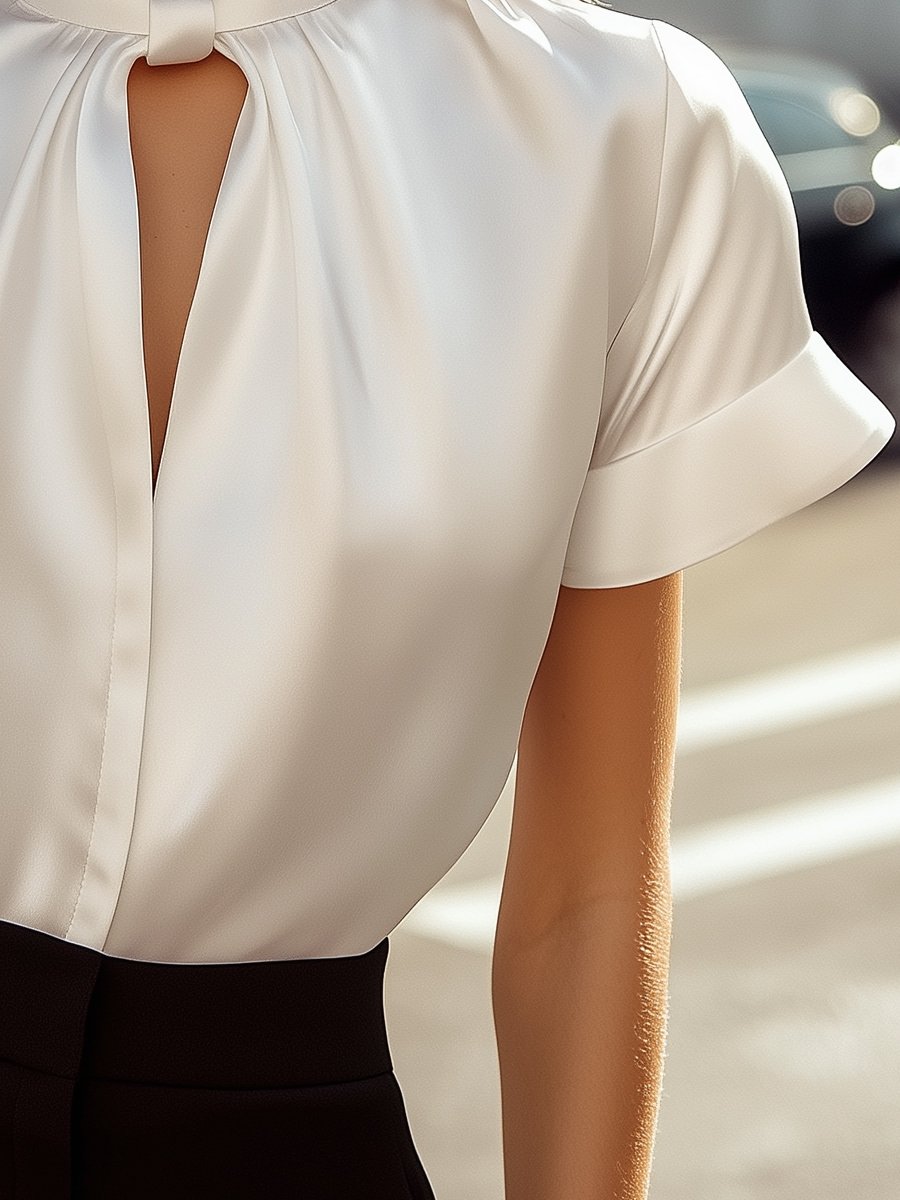 Sophisticated White Satin Blouse with Modern Keyhole Neckline - Seldom Seen Styles