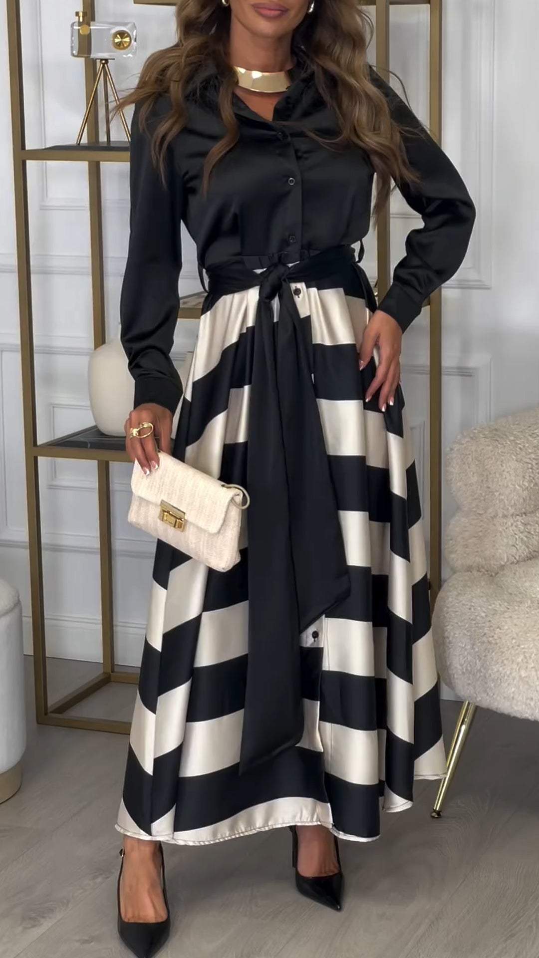 Women's Lapel Long Sleeve Striped Stitching Temperament Dress - Seldom Seen Styles