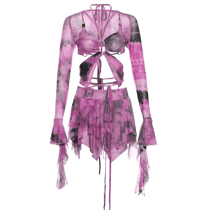 Flared sleeve tie dye o ring self tie halter low cut mini skirt set - Seldom Seen Styles
