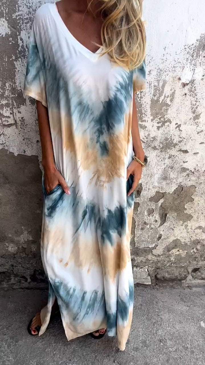 Tie-dye V-neck Long Comfortable Dress - Seldom Seen Styles