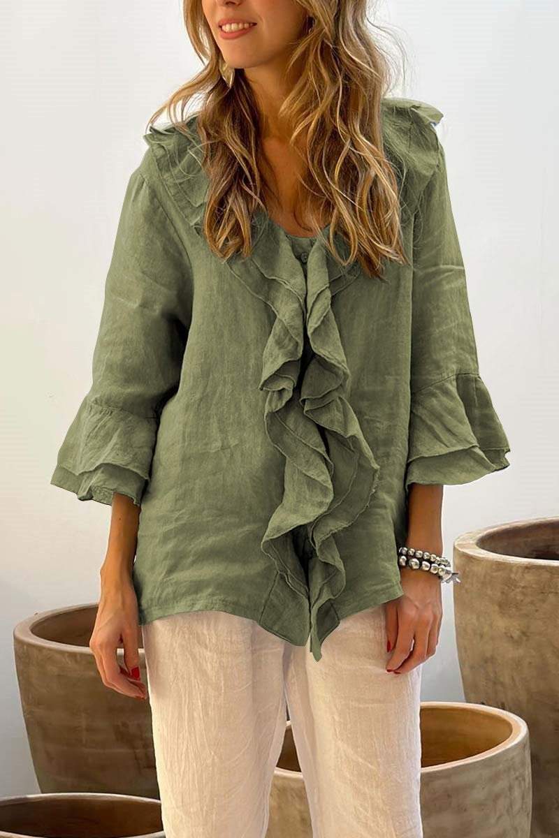 Women's casual ruffle collar cotton and linen tops - Seldom Seen Styles
