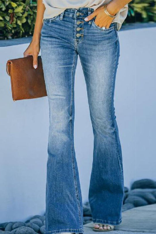 Slim Fit Long Pants Multi-Button Flared Pants Washed Women's Jeans - Seldom Seen Styles