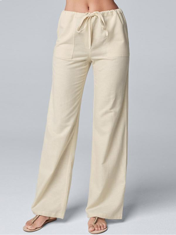 Solid color loose lace-up cotton hemp straight leg casual pants - Seldom Seen Styles