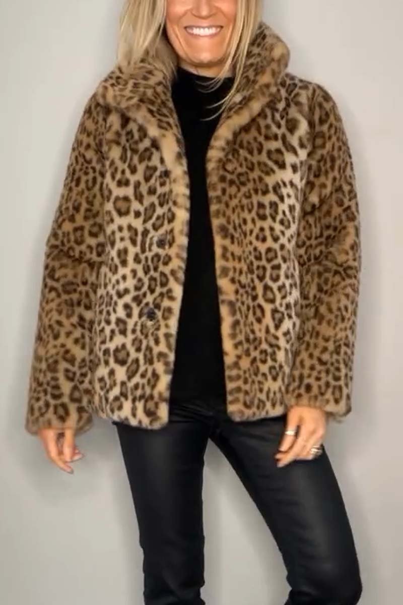 Women's Fashionable Leopard Print Lapel Faux Fur Winter Short Coat - Seldom Seen Styles