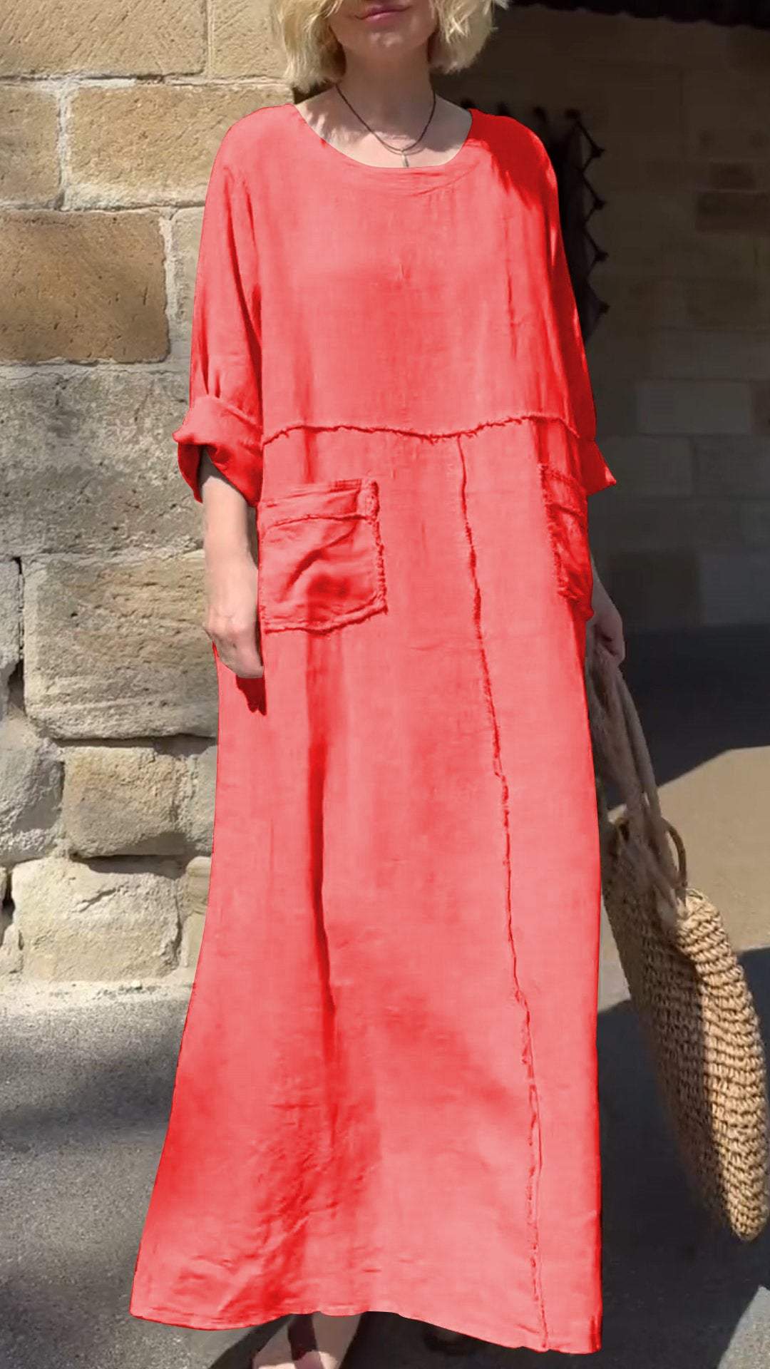 Round Neck Cotton and Linen Long Sleeve Casual Dress - Seldom Seen Styles