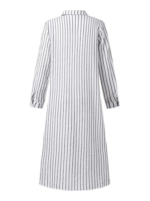 Women's Striped Cotton Linen Polo Collar Long-sleeved Shirt Dress - Seldom Seen Styles